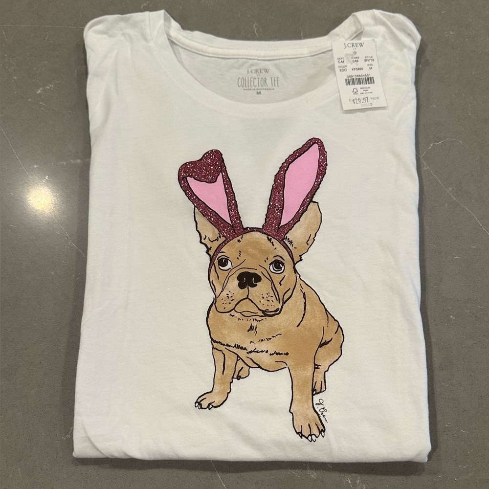 J. Crew Super Soft White Tee with Pink-Eared Dog Graphic